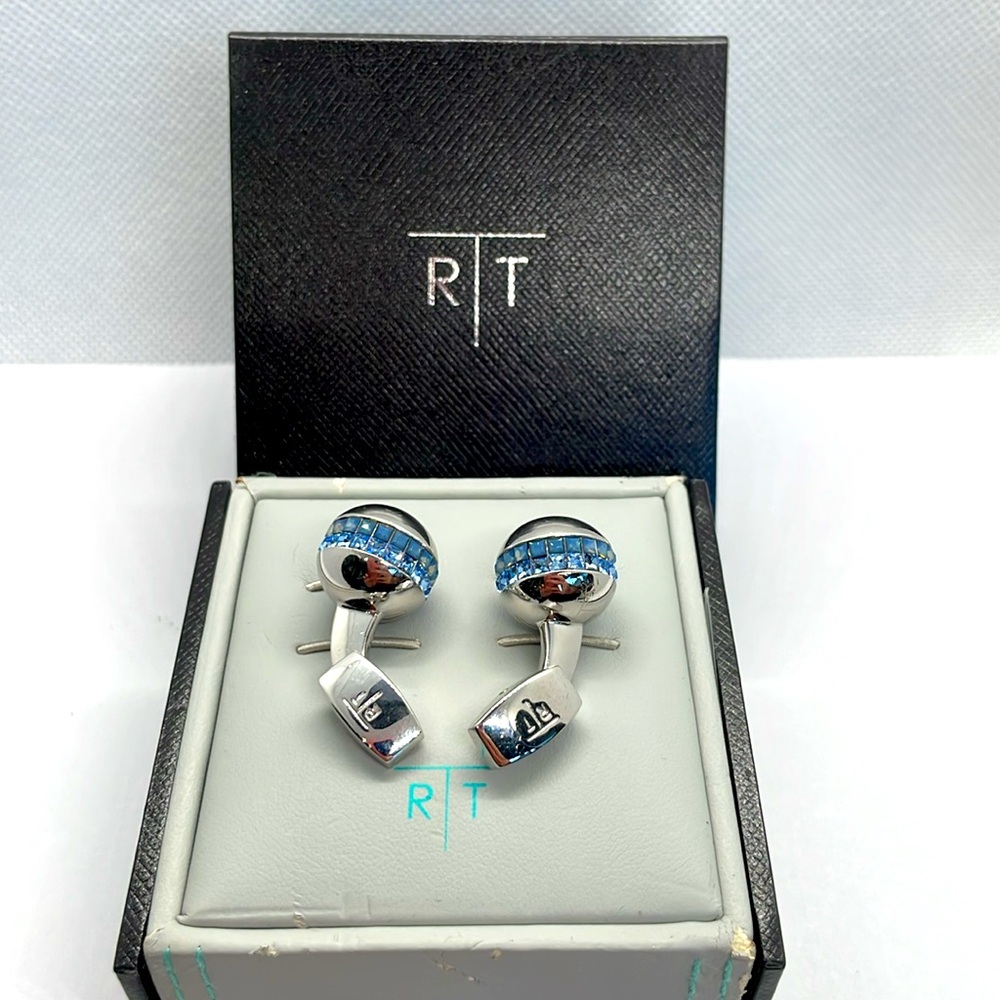 R|T by Robert Tateossian rhodium plated cufflinks; blue Swarovski sphere; New